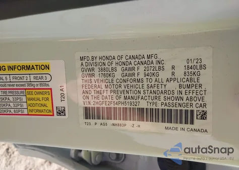 2023 Honda Civic Sport z USA, uszkodzony, nr VIN 2HGFE2F54PH519327